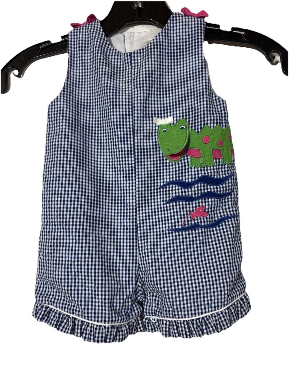 Blue and White Gingham Romper Alligator Crocodile Open Mouth Girls 6 Month Bows